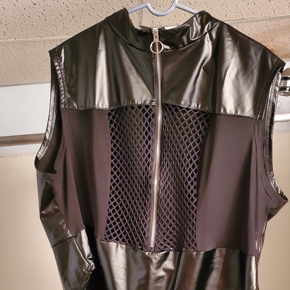 Plus size zippered hollow out black bodysuit